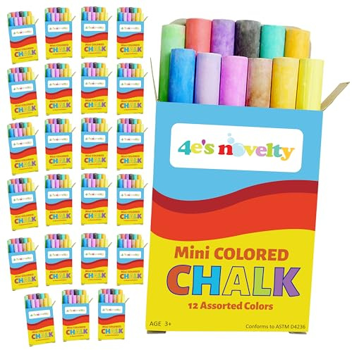 4E's Novelty 288 Mini Chalk Sets (24 Boxes) Kids 12 Colors Thin Sticks Blackboard or Non-Toxic Sidewalk Chalk Party Favors Bulk Individual Packs, Easter Basket Stuffers End of Year Student Gifts Toys
