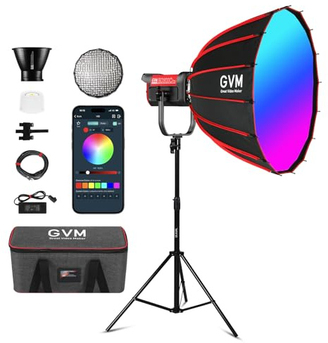 GVM Kit d'éclairage vidéo RVB 300 W avec boîte à lumière parabolique et support, éclairage de photographie pour enregistrement en studio photo avec support Bowen, film lumineux COB avec application et