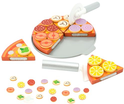 Coriver Pizza Bois Bébé, 27 Pièces Cuisine Enfant, Accessoire Jeu Alimentaire, Jeu de Rôle, Ustensile en Bois pour Garçons Filles de 3+ Ans