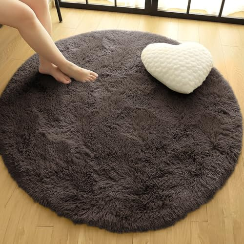 Oxford Homeware Runder Teppich für Wohnzimmer, 120 x 120 cm, flauschig, zottelig, braun, für Schlafzimmer, Lounge, modern, superweich, rutschfest, waschbar, Bodenteppich, Bettvorleger für Kinderzimmer