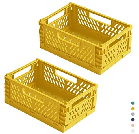 hautllaif 2 Stück Faltbare Kunststoff Aufbewahrungsbox, Einkaufskiste Klappbar, Stabil Klappboxen Faltbar für Küche, Büro, Schlafzimmer, Schrank, Schublade (Gelb, 22*14.7*9.3)