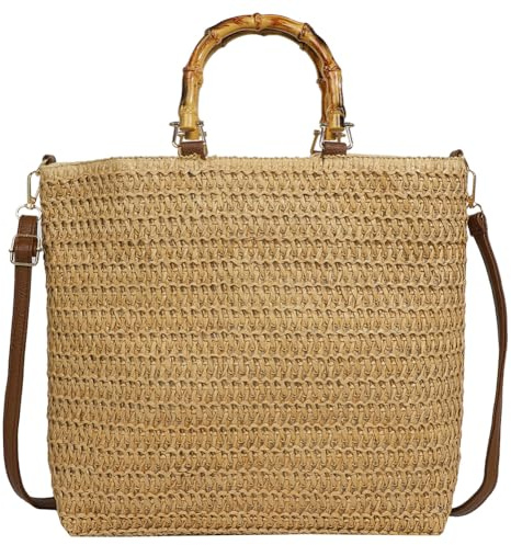 JUCHRZEY Damen-Handtasche aus Stroh, handgewebt, Hobo-Tasche, großes Fassungsvermögen, stilvolle Umhängetasche mit Bambusgriff, Kordelzug for Party, Urlaub
