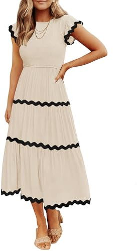 ZESICA Women's Summer Flutter Short Sleeve Smocked Midi Dress Casual High Waist Rickrack Tiered Flowy Dresses,Apricot,Medium