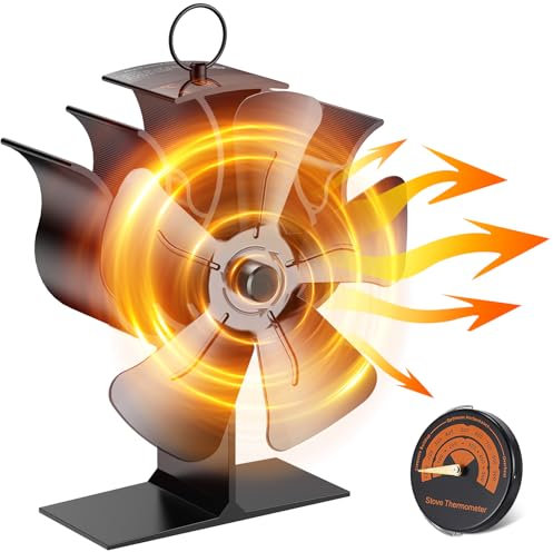 Viitech Stove Fan 5-Blades, Silent Log Burner Wood Stove Fans with Thermometer, Wood Burner Stoves Fan Fireplace Fans Increased Efficient