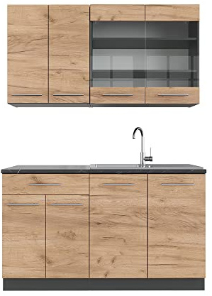 Vicco Singleküche Fame-Line, Goldkraft Eiche/Anthrazit, 140 cm | 4 Module · Höhenverstellbare Füße · AP Anthrazit inkl. · Robuste Fronten · Softclose · Metallgriffe