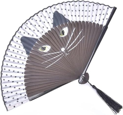 Faltbarer Handfächer, Handfächer, Bambus-Handfächer, Katzen-Cartoon-Seide, japanischer Stil, beliebte Handfächer zum Falten, Schwarz