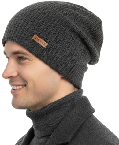 TOPEX XL/XXL merinoull, slouch beanie, herrmössa, damer, vinter, varm, stickad mössa med satinfoder, 95585_grå, M-L