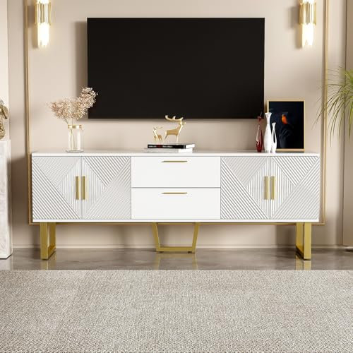 TV-Schrank,Weißer Hochglanz-TV-Schrank,TV-Tisch im Wohnzimmer, tv lowboard,TV-Schrank mit 4 Türen und 2 Schubladen,Fernsehtisch mit goldenen Griffen und Beinen,Länge 170 cm, Breite 40 cm, Höhe 63.5 cm