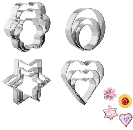 Shirene Lot de 12 emporte-pièces en acier inoxydable en forme de cœur, cercle, fleur, étoile pour pâtisserie, formes variées pour la pâtisserie créative