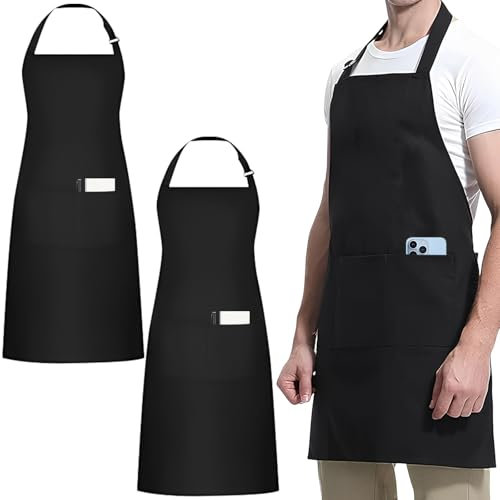 Duronge 2 Pcs Grembiule Nero Cucina, Grembiuli Regolabili con 3 Tasche, Impermeabile e Antimacchia, Uomo e Donna Grembiule per Barbecue, Lavoro Grembiule per Barbecue Ristorante Bar Caffetteria