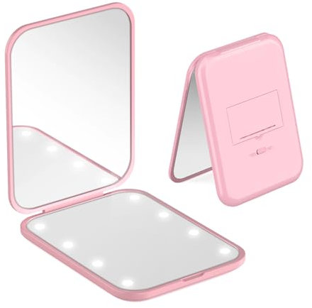TOZKZO Travel Makeup Mirror, 1X/3X Magnification LED Compact Mirror with Iternal BIattery, Portable, Handheld, Foldable Pocket Mirror for Purse, Travel and Daily Use, Ideal for Gift Giving, Pink