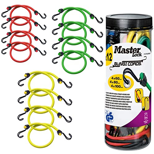 Master Lock 3107EURDAT Tendeurs avec Crochets [Pack de 12 Elastiques] [4 * 60 cm + 4 * 80 cm + 4 * 100 cm] [Double Crochet Inversé] - Idéal pour le Transport de Charges, l'Emballage, le Camping