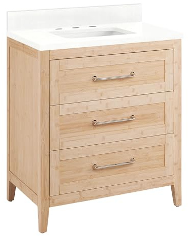 Signature Hardware 955154-30-RUMB-3 Arrietty 30 Freestanding Bamboo Single Basin Vanity Set with Cabinet, Vanity Top, and Rectangular Undermount Sink - 8 Widespread Faucet Holes - Natural Bamboo /