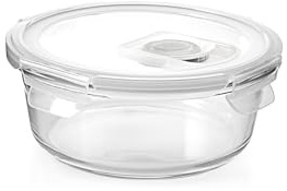 H&H Runde Glasdose mit Deckel und Ventil - 390 ml - Durchmesser 14 cm - für Backofen (ohne Deckel), Mikrowelle, Spülmaschine - mit luftdichter Silikondichtung