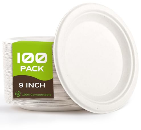 Yidaxing 100 Pcs Assiettes Jetables, Grande Assiettes Papier Rondes, Vaisselle Jetables en Carton pour Fête Anniversaires Fournitures de Restauration Camping Pique-Niques (22.8cm, Blanc)