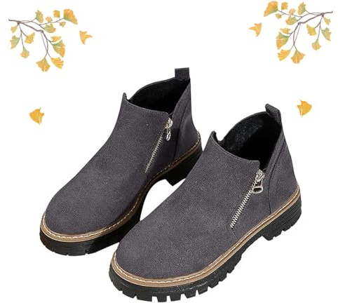 POIOZXD Botines de punta redonda para mujer con cremallera lateral, botas de tacón grueso de gamuza para mujer, botines Chelsea para invierno y otoño, botines ortopédicos casuales para mujer, Gray, 36