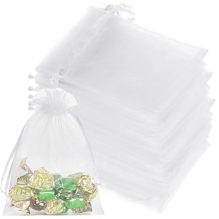 Organza Gift Bags Small 7 X 5 cm, 50 Pcs White Jewellery Pouches Sheer Favour Pouches Mini Drawstring Bag Mesh Gift Bags Wedding Candy Organza pouches for Wedding Christmas Birthday Anniversary