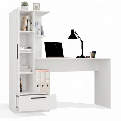 CDF Schreibtisch mit Regal Schublade 140cm 3 Einlegeböden Computertisch | Home Office Bürotisch Ergonomisch Arbeitstisch Jugendzimmer Schlafzimmer Kinderzimmer Rollschienen Weiß Spanplatte