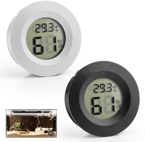Reptile Thermometer Hygrometer, Round Humidity Meter with LCD Digital Display for Temperature Gauge for Breeding Boxe Incubator Terrarium Lizard Tortoise Spider (2, Black+White, 4.5 * 2.5cm)