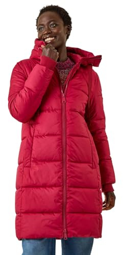 Roman Padded Coat for Women UK - Ladies Longline Puffer Winter Quilted Parka Waterproof Rainproof Wind Resistant Thermal Jacket Long Length Warm Zip Hood Puffa Cosy - Red - Size 16