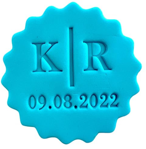 Personalised Cookie Stamp with Free Scallop Cutter, Wedding Couple Initials with Date, 5cm Acrylic Biscuit Embosser, Food-Safe Plastic Baking Tool, Fits M&S All Butter Biscuits (Design 1)