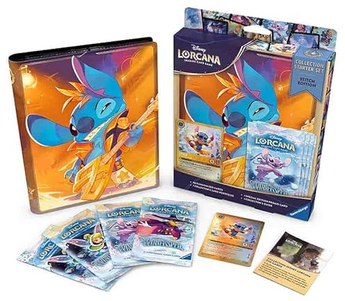 Ravensburger Disney Lorcana TCG: Collection Starter Set - Edición Stitch - Incluye 4 paquetes de refuerzo Winterspell, cartera de cartas Rock Star y promoción de papel brillante - Guía del