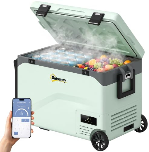 Outsunny Frigorifero Portatile per Auto 42.5L con Compressore, Frigo Elettrico Anti-Shock, APP Bluetooth, Portatelefono, Ruote, Maniglia, 12V/24V/240V, -20°C-20°C, Campeggio Camion Barca Camper Casa