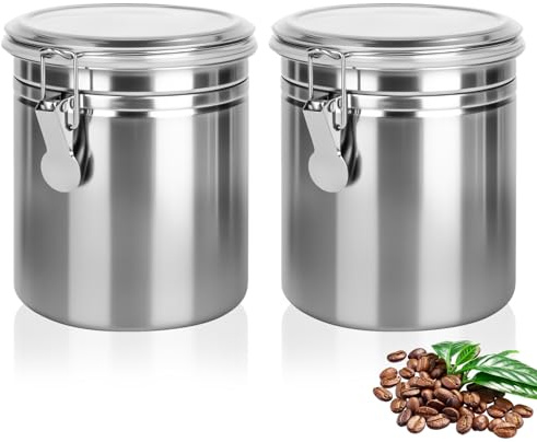 XCRPRT 2 contenitori ermetici per caffè con coperchio, 1,8 l, in acciaio inox, per macinare, fagioli, tè, farina, cereali e zucchero (0,85 litri)