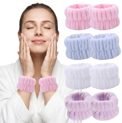 4 Par Muñequeras Toalla, Muñequeras de SPA,Bandas de Muñeca Absorbentes de Agua Suave, Muñequeras de Microfibra para Lavarse Cara,para Maquillaje y Lavar Cara,para Niña Mujer(Estilo 2)