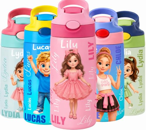 VEELU Gourde Isotherme Personnalisable Prenom pour Enfant 350ml | Bouteille d'eau Personnalisée Sans BPA Tritan Gourde Isotherme Enfant avec Paille pour L’école Sport Primaire Maternelle