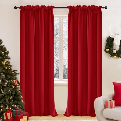 Deconovo Blackout Christmas Curtains, Thermal Insulated Rod Pocket Window Drapes, Noise Reducing, Oeko-TEX Certified, Room Darkening Curtains for Bedroom/Living Room, 2 Panels, Red, 42W x 84L