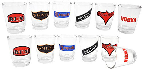 com-four® 12x Schnapsglas - Stamper-Set - Likörstamper je 45 ml - Schnapsstamper mit 6 Aufdrucken - Likörgläser für Kurze, Trinkspiele, Party & Bar (12 Stück)
