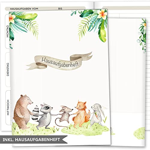 OLGS Hausaufgabenheft Hülle Tierfreunde inkl. Heft Schulheft Schutzhülle Umschlag Geschenkidee Einschulung Grundschule (ohne Personalisierung, Freunde)