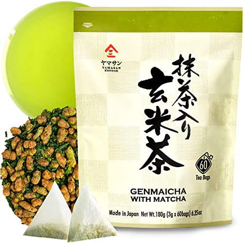 YAMASAN KYOTO UJI Genmaicha Green Tea with Matcha 60 Tea Bags | Roasted Brown Rice Tea, Low Caffeine, Nutty ＆ Smooth Flavor, Enjoy Hot ＆ Cold, Japanese Tea, 180g (3g×60 bags)