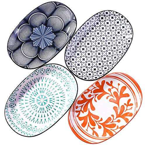 BOSILI 9.4 Inch Japanese Oval Dinner Plates Set of 4 Premium Glazed Ceramic Serving Platters Scratch Resistant Porcelain Fish Plates for Steak Pasta and Appetizers Microwave & Dishwasher Safe