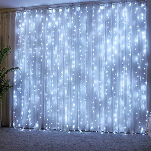 Tenda Luminosa 3x3m 300 Led Luci a Cascata con 8 Modelli di illuminazione Tenda di Luci Waterproof per Esterno Giardino e Interno Camera Decorazioni Nuovo Anno, Feste, Matrimoni_Bianco Freddo