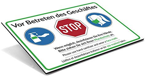 Hinweis-Schild Mundschutzpflicht/Vor Betreten des Geschäftes/Desinfizieren Sie Ihre Hände. Bitte ziehen Sie sich Ihren Mundschutz an. < 300x200 mm (mehrsprachig Deutsch Englisch Türkisch)