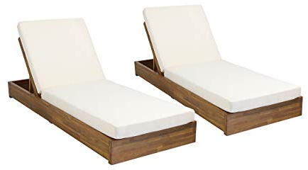 Abraham Outdoor Acacia Wood Chaise Lounge with Cushion (Set of 2), Teak and Cream