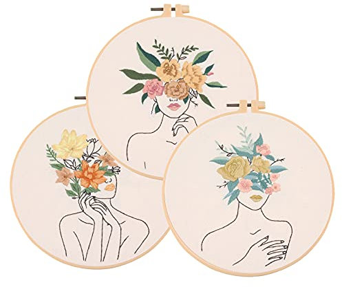 Gukasxi 3 Stück Anfänger Stickerei Set, Stickset für Mädchen, Stickerei-Kits für Mädchen online Art mit Blumenmuster, Stickset/Stickerei Set Kreuzstich originelles Körperkunst