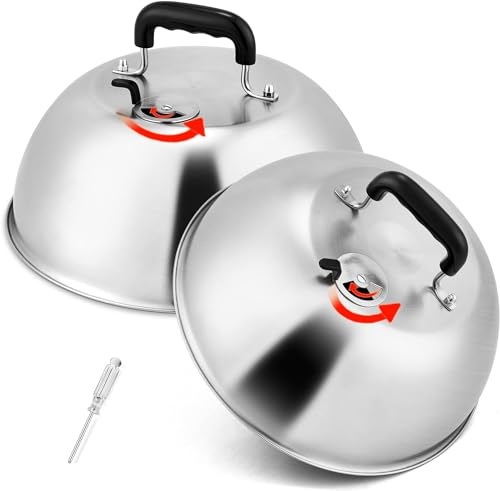 Leonyo Cheese Melting Dome Set of 2, Stainless Steel 12 Inch Round Steaming Basting Cover with Adjustable Vent, Professional Heavy Duty Melting Dome Lid Griddle Accessories for Teppanyaki Flat Top
