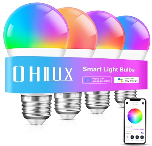 OHLUX Smart WiFi & Bluetooth Alexa Light Bulbs, 10W (100W Equivalent) Color Changing Light Bulbs with Music Sync,Compatible with Alexa Google Home Siri, A19 E26 900LM 4Pack