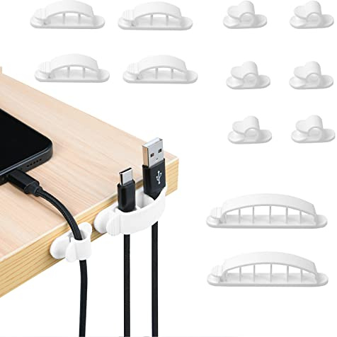 URAQT Kabelclips Kabelhalter, Vielzwecke Organizer, 12 PCS,Weiß | Vielzwecke Kabelführung Kabel Organizer Set Set für Schreibtisch, Netzkabel, USB Ladekabel, Ladegeräte, Audiokabel
