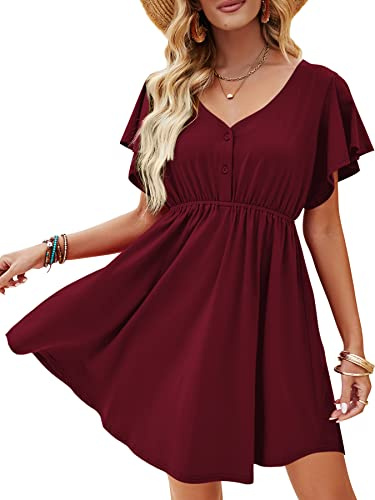 Beluring Sexy Dresses for Women Summer Short Sleeve Tshirt Dress Loose Petite Dress Burgundy Size 12-14