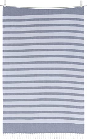 Sleepdown 100% Cotton Striped Tasseled Beach Towel Soft Absorbent Swimming Pool Travel Camping Bath Sauna Gym Yoga with Bag - White Blue - (80 x 165cm),5056242898535
