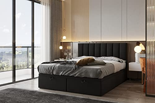 TRADA Boxspringbett Bond 160x200 cm, mit Matratze und Bettkasten, Schwarz | Boxspringbett mit gestepptes Kopfteil, Double Bed fur Schlafzimmer