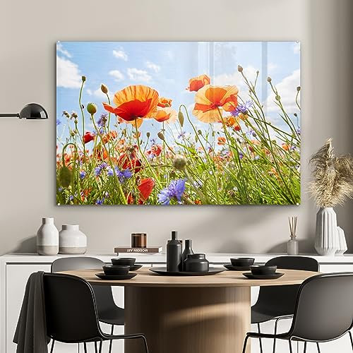 MuchoWow Glasbild Glasfoto Wandbild Bilder Deko 90x60 cm Blumen - Mohn - Frühling - Natur - Rot - Blau
