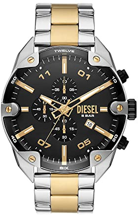 Diesel reloj Spiked para hombre, movimiento cronógrafo de cuarzo con correa de acero inoxidable, Tono plateado y negro