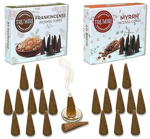TRUMIRI Incense Cones - Combo Pack of 20 Cone Incense - 10 Frankincense + 10 Myrrh - Insence Cones - Incense Cones Scented - Cone Incense Scents - Insense Cones - Incent Cone