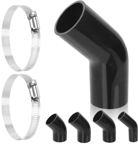 Swpeet Kit de 3 piezas de manguera de silicona reforzada de 4 capas con codo de 45 grados de 2.5 pulgadas - 63mm con abrazaderas de perno en T de acero inoxidable 304 de 59-82mm, manguera de silicona
