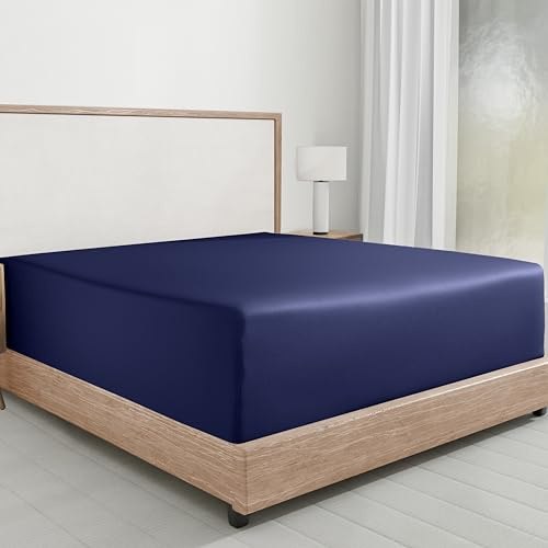 California Design Den 100% Cotton Mattress Fitted Sheet Only, 1 Pc Twin XL Cotton Fitted Sheet, No Pop-Off Elastic, Durable Sateen Weave (Navy Blue)